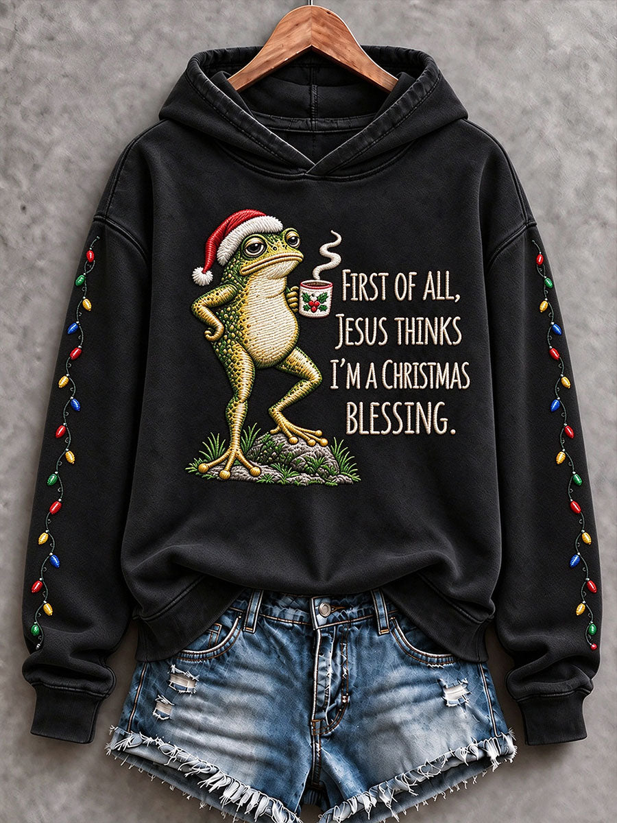 Women's First Of All Jesus Think's I'm A Christmas Blessing Print Regular Sweatshirt