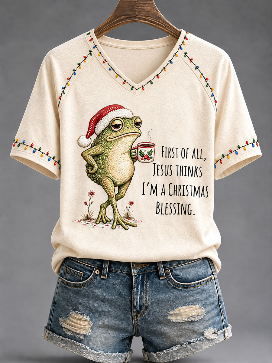 Women's First Of All Jesus Think's I'm A Christmas Blessing Print V-neck off-shoulder short-sleeved T-shirt