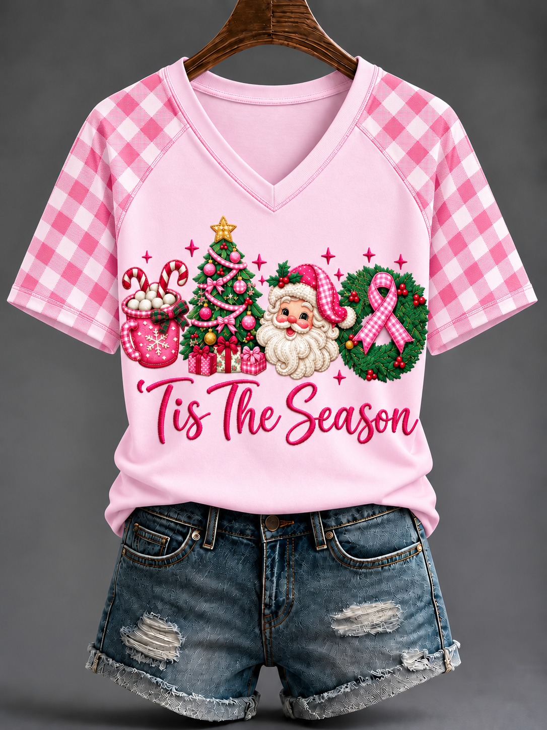 Women's Pink Christmas V-neck Off-shoulder Short-sleeved T-shirt