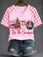 Women's Pink Christmas V-neck Off-shoulder Short-sleeved T-shirt