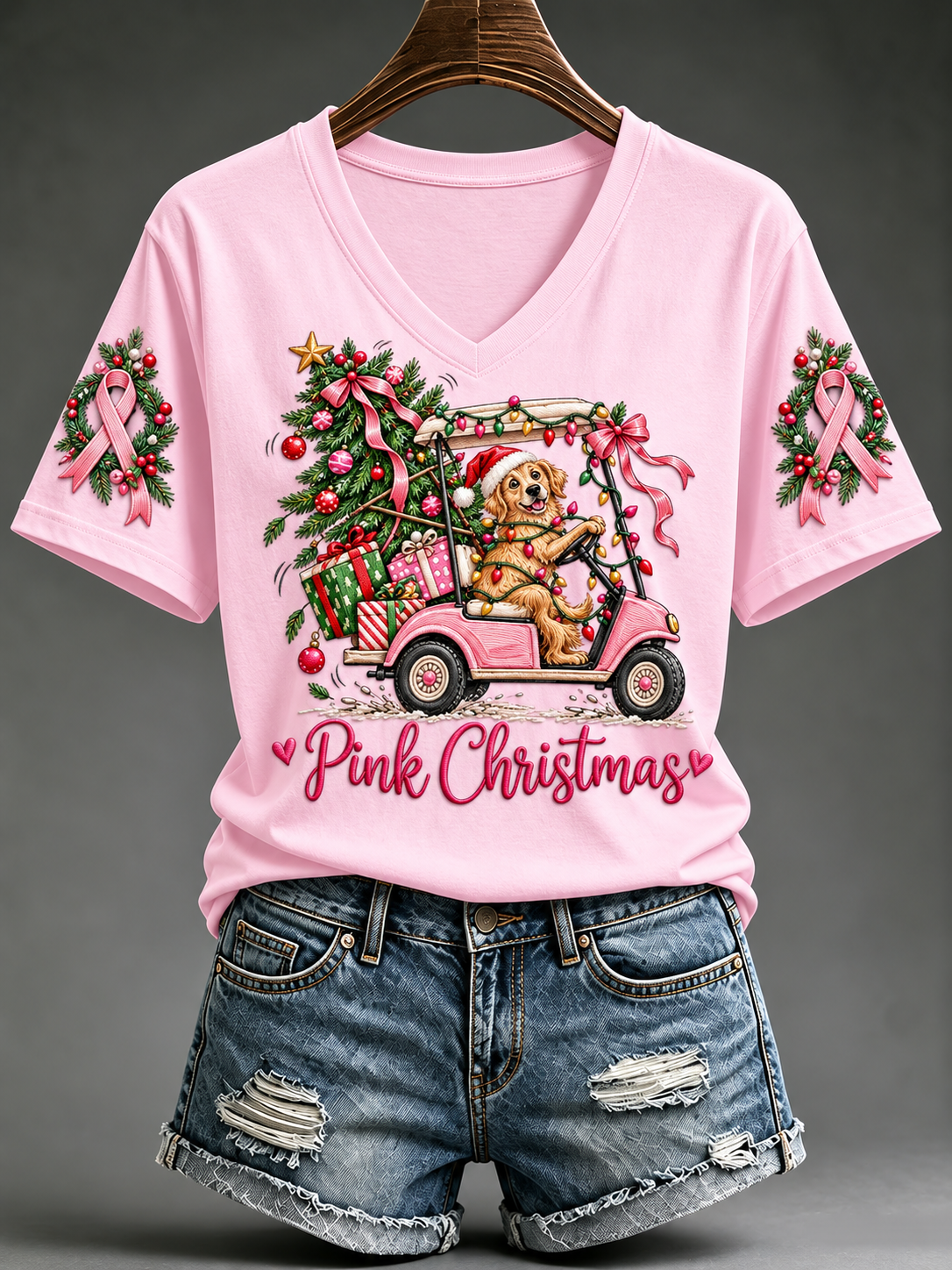 Women's Pink Christmas Short-sleeved T-shirt