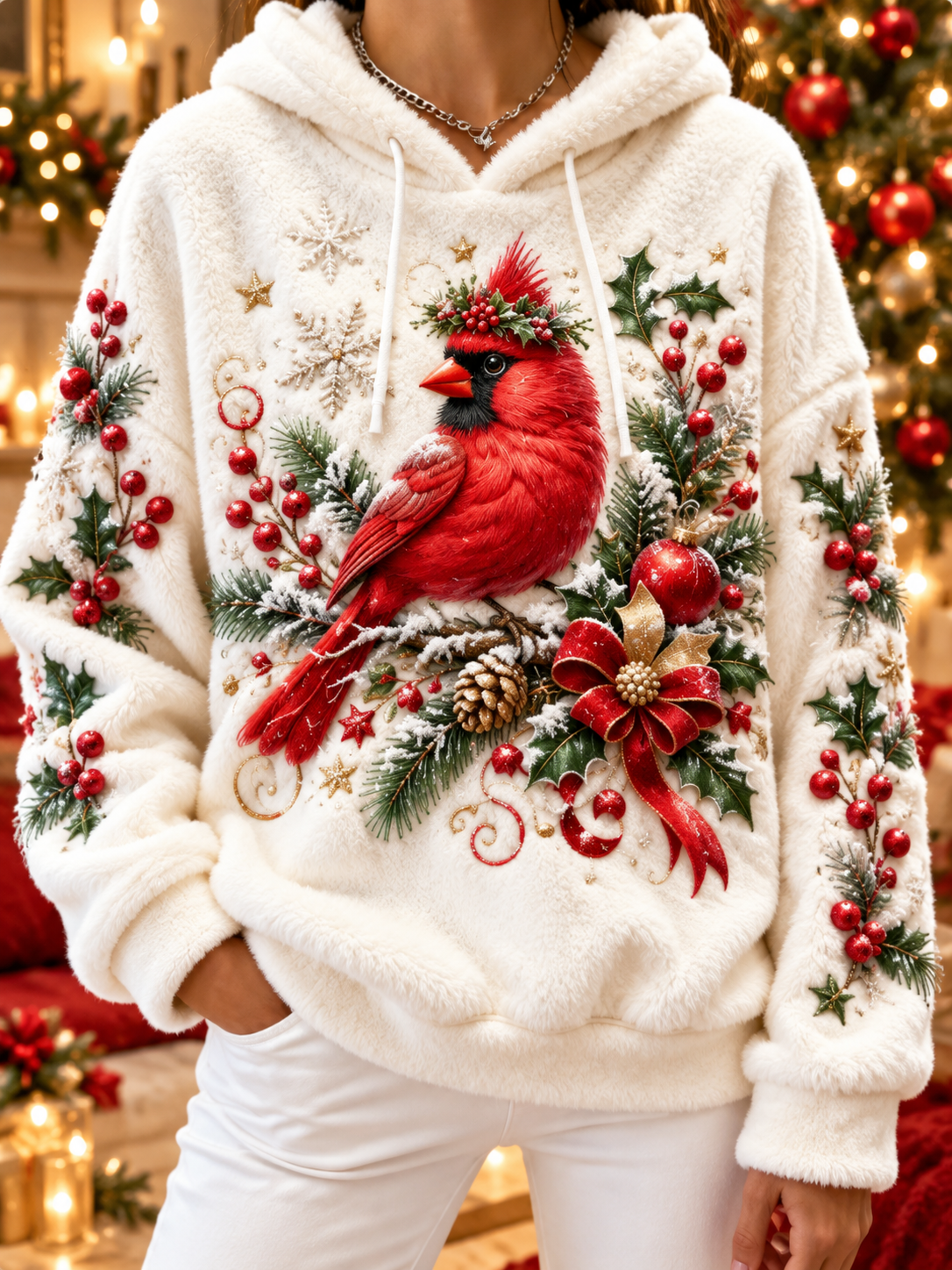 Women's vintage christmas Northern Cardinal Flannel Hoodie