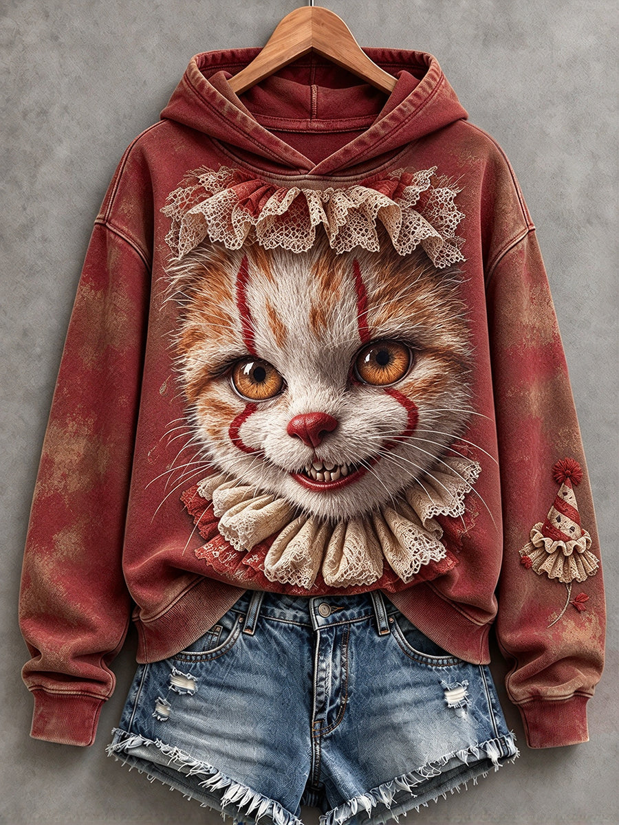 Women's Vintage Halloween Clown Cat Print Cozy Hoodie