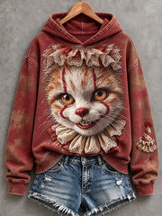 Women's Vintage Halloween Clown Cat Print Cozy Hoodie