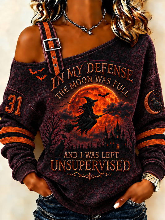 Women's Halloween Witch Art  Print Casual Off-Shoulder Sweatshirt