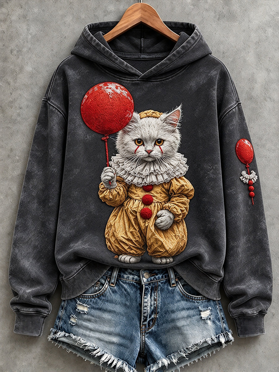 Women's Vintage Halloween Clown Cat Print Cozy Hoodie