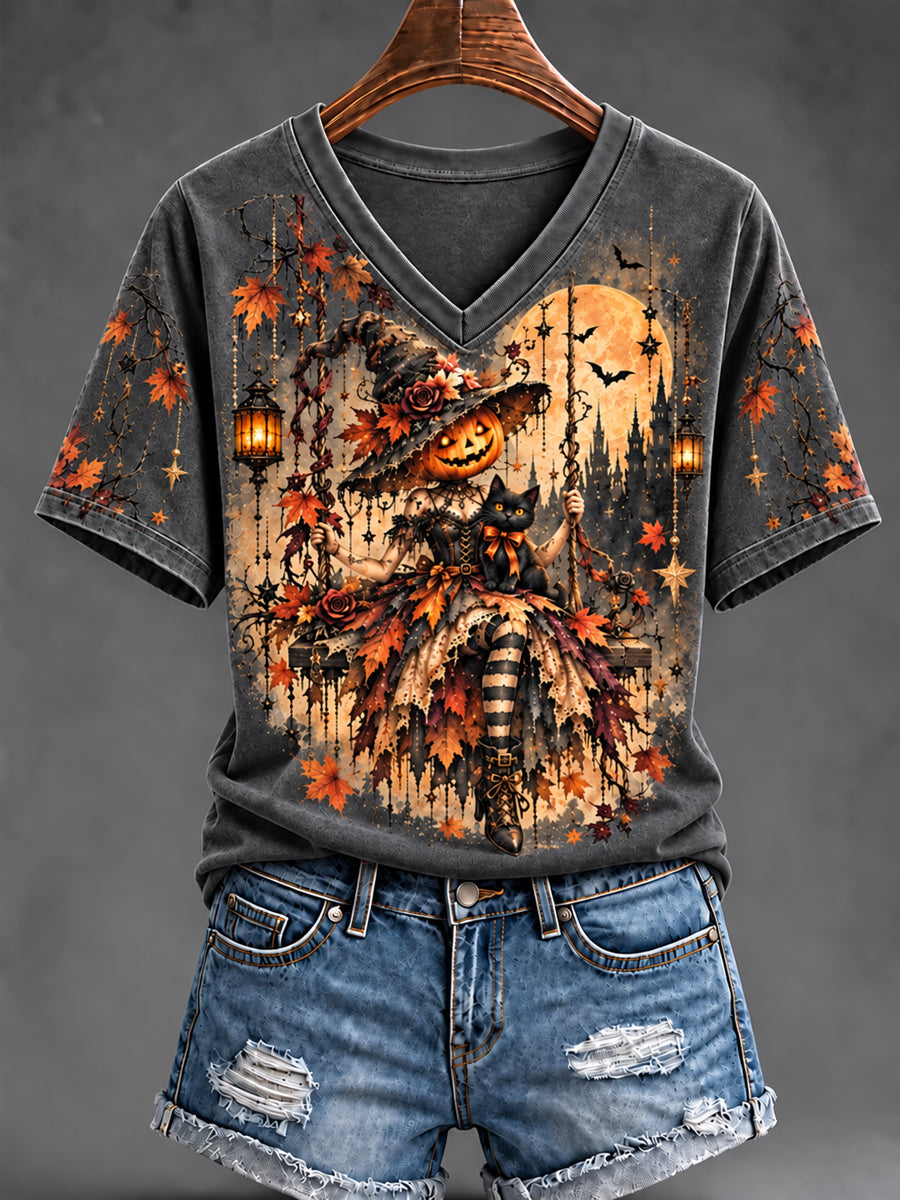 Women's Halloween Pumpkin Witch Art Short Sleeve T-shirt