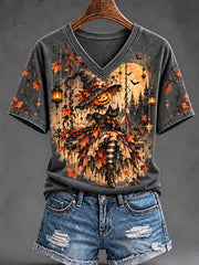 Women's Halloween Pumpkin Witch Art Short Sleeve T-shirt
