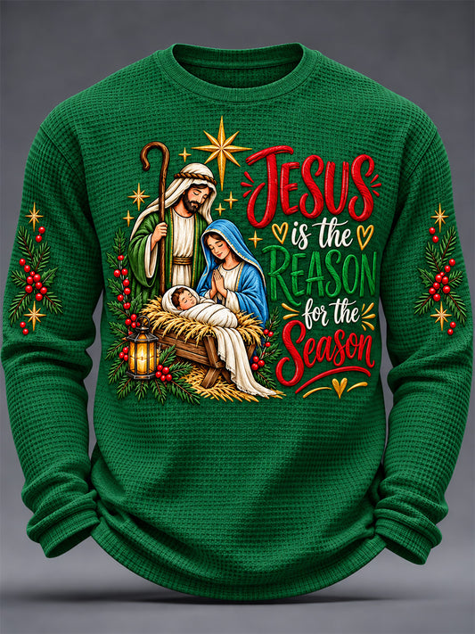 Men's Jesus Is The Reason For The Season Print Waffle Long Sleeve Top