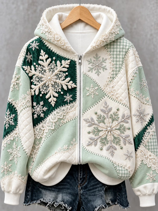 Women's Christmas Snowflake Art Print Zip-Up Hoodie