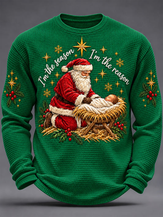 Men's Jesus Is The Reason For The Season Print Waffle Long Sleeve Top