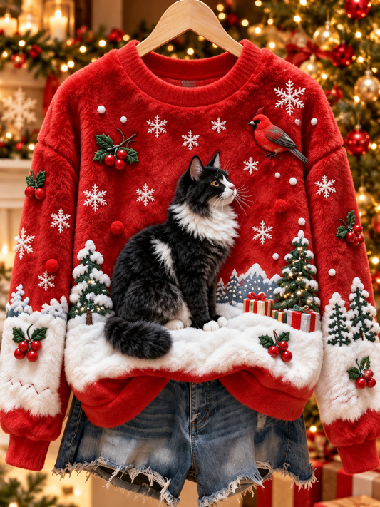 Women's Cute Christmas Cat Northern Cardinal Art Print Casual Flannel Sweatshirt