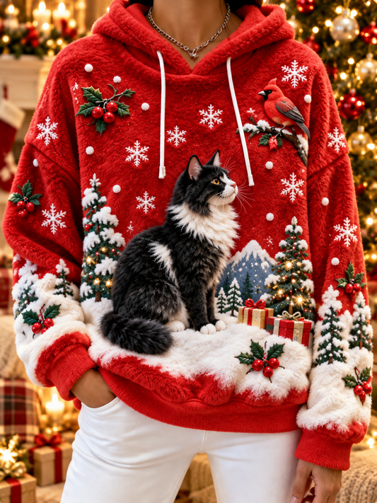 Women's Cute Christmas Cat Northern Cardinal Art Print Casual Flannel Hoodie