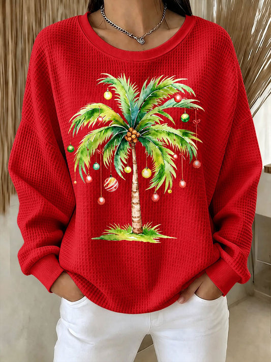 Women's Christmas Palm Tree Print Round-Neck Sweatshirt