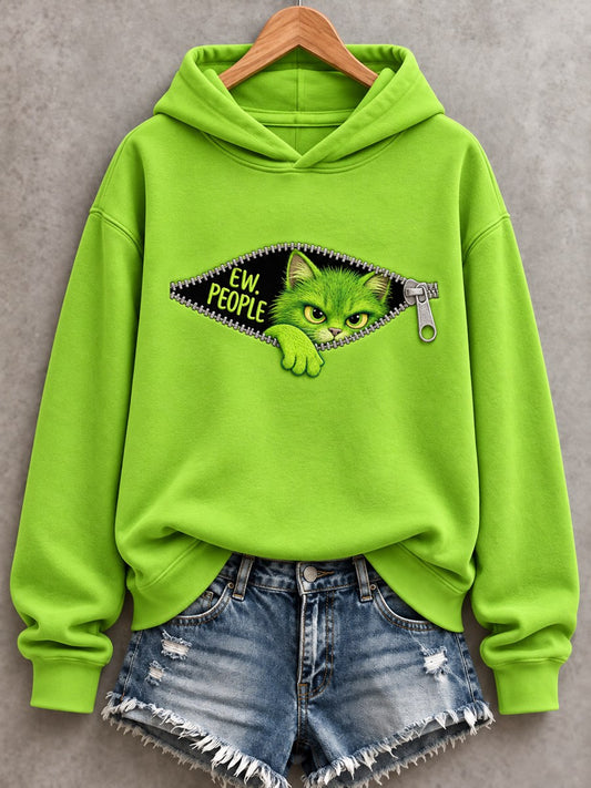 Women's Christmas Funny Cat Ew,People Print Casual Hoodie