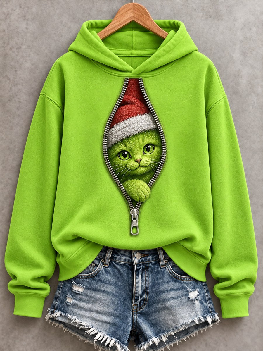 Women's Christmas Funny Cat Print Casual Hoodie