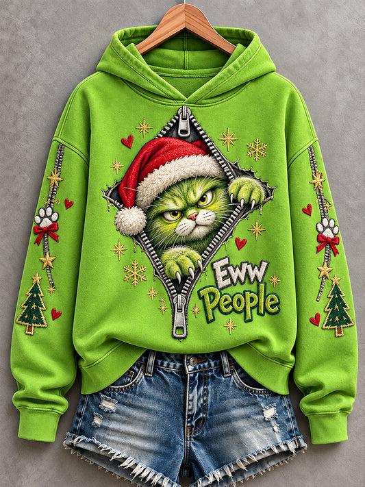 Women's Christmas Funny Cat Eww, People Print Casual Hoodie