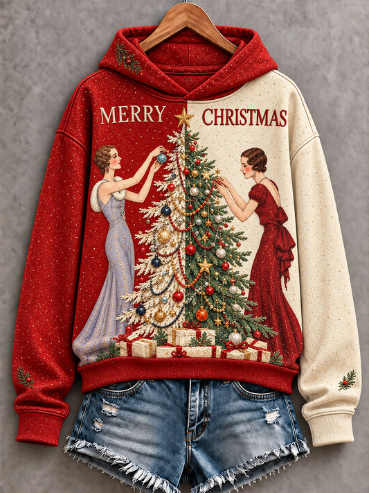 Women's Vintage Merry Christmas Printed Hoodie