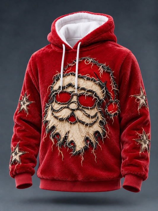 Men's Retro Raggedy Christmas Santa Print Flannel Hoodie