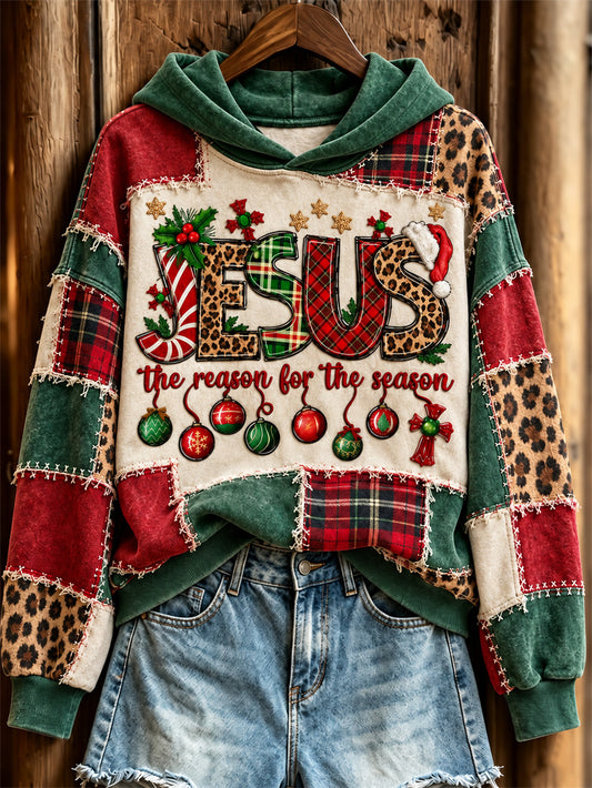 Women's Christmas Color Block Patchwork Design Faith-Themed Casual Hoodie