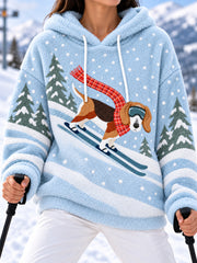 Women's Cute Funny Dog Skiing Print Casual Flannel Hoodie