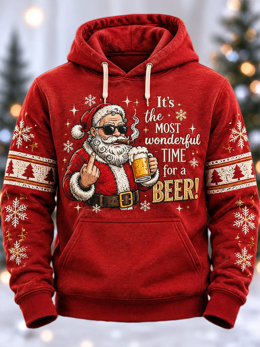 Men's Christmas Santa Claus Drink Beer Print Casual Oversized Drop-Shoulder Hoodie with Pockets