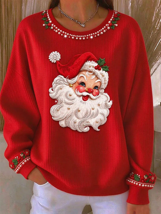 Women's Santa Print Ribbed Round-Neck Sweatshirt