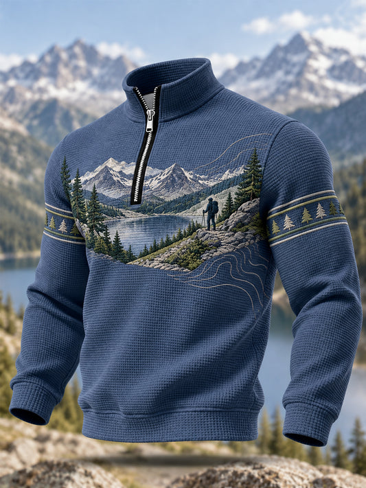 Men's Wilderness Trail Print Hike Lovers Casual Zipper Sweatshirt