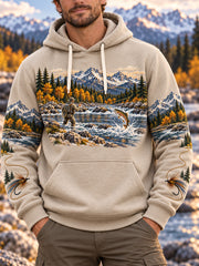 Men's Vintage Wilderness Fishing Print Oversized Drop-Shoulder Hoodie with Pockets