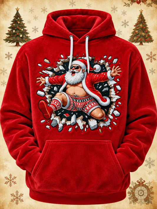 Men's Funny Christmas Santa Claus Print Casual Flannel Hoodie
