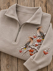 Women's Snowy Winter Bohemian Waxwing Birds on Branches Print Zip Up Sweatshirt