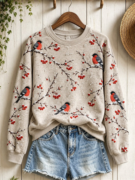 Women's Snowy Winter Eurasian Bullfinch Birds on Branches Print Sweatshirt