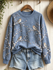 Women's Snowy Winter Snow Bunting Birds on Branches Print Sweatshirt