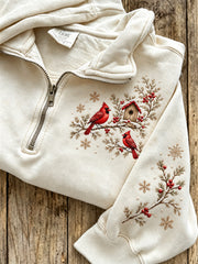 Women's Winter Red Cardinal Pattern Casual Half-Zip Sweatshirt