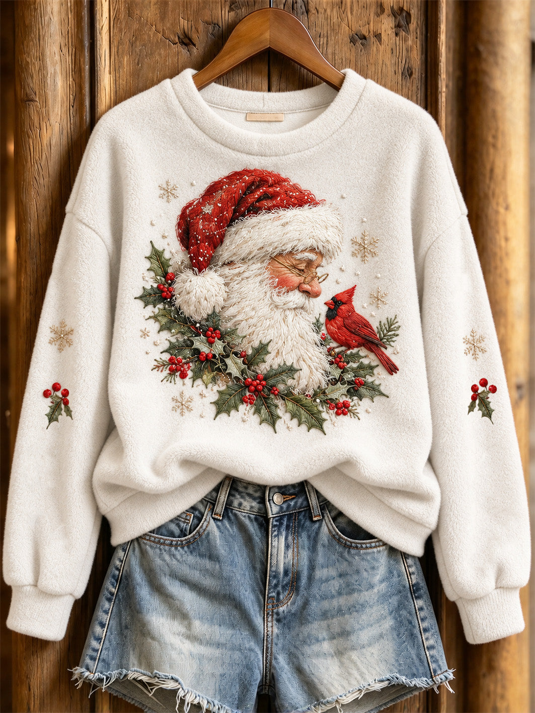Women's Santa Claus and Red Cardinal Pattern Causal Flannel Sweatshirt