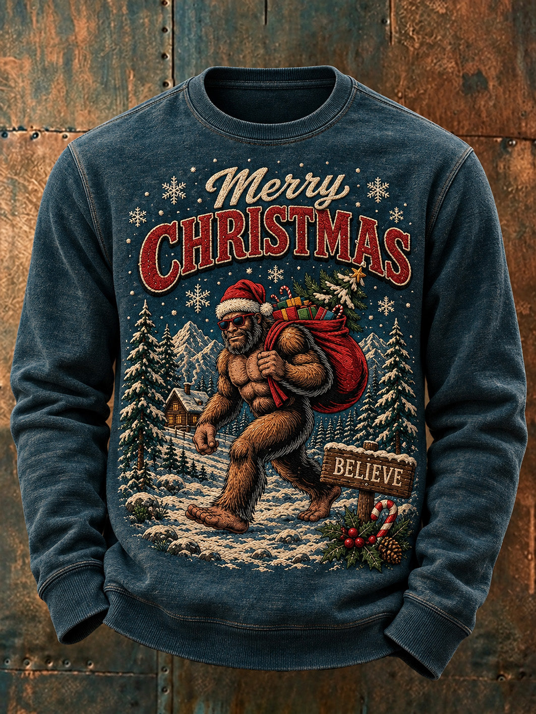 Men's Vintage Christmas pattern casual round-neck sweatshirt.