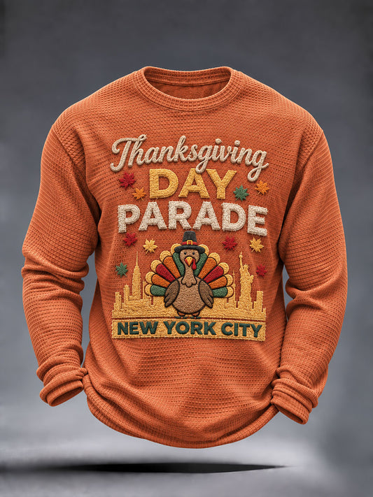 Men's Thanksgiving Parade Print Casual Waffle Long Sleeve T-Shirt