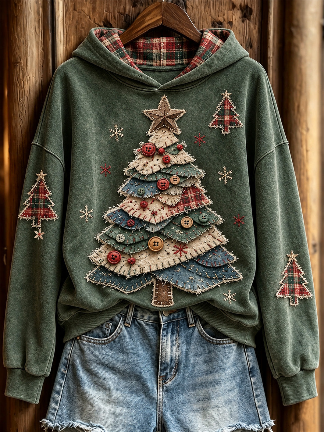 Women's Retro Christmas Tree Patchwork Pattern Design Casual Hoodie