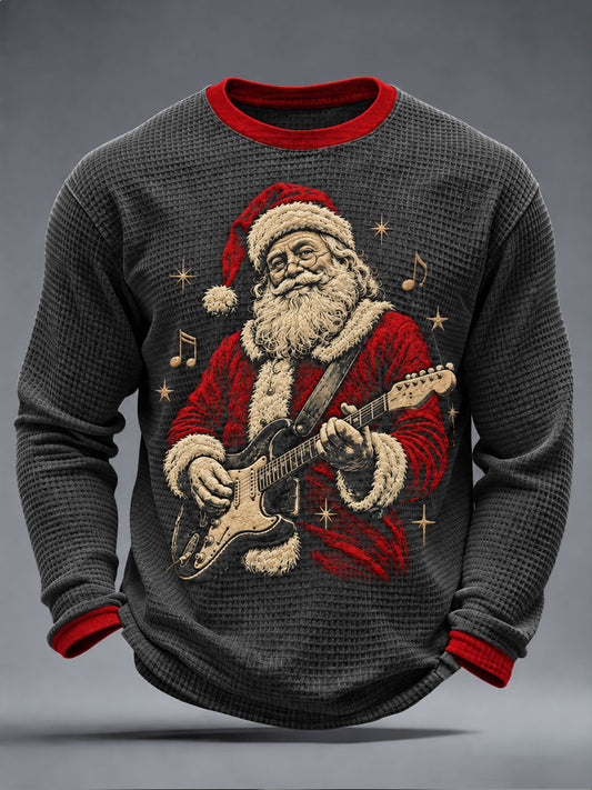 Men's Guitar Rock Santa Print Waffle Long Sleeve T-Shirt