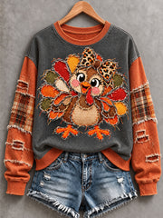 Women's Cute Thanksgiving Turkey Face Art Sweatshirt