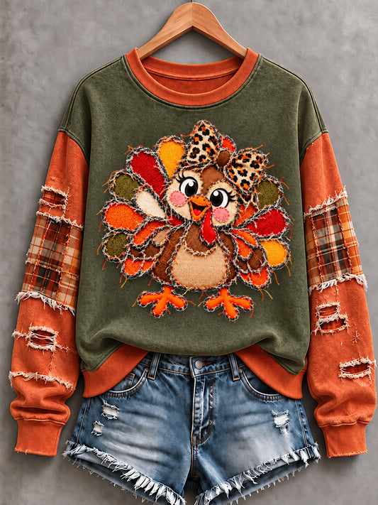 Women's Cute Thanksgiving Turkey Face Art Sweatshirt