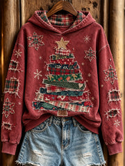 Women's Retro Patchwork Christmas Tree Pattern Casual Hoodie