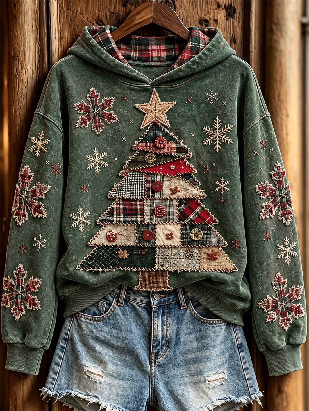 Women's Retro Patchwork Christmas Tree Pattern Casual Hoodie