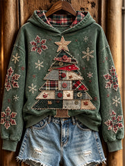 Women's Retro Patchwork Christmas Tree Pattern Casual Hoodie