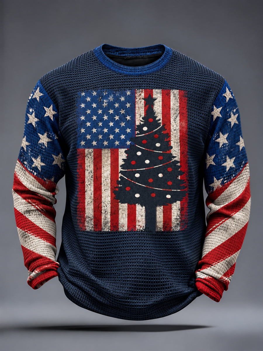 Men's USA Flag Christmas Waffle Long Sleeve T-Shirt