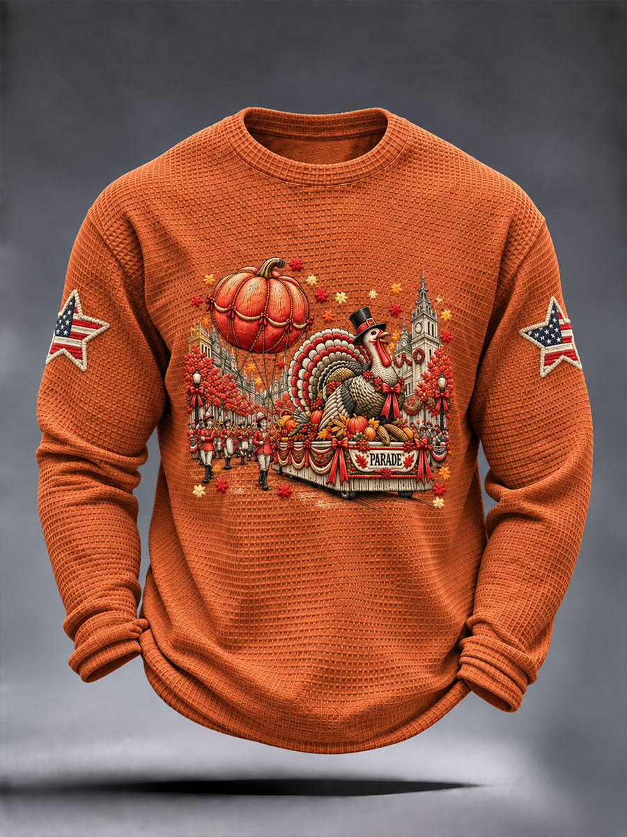 Men's Thanksgiving Day Parade Print Casual Waffle Long Sleeve T-Shirt