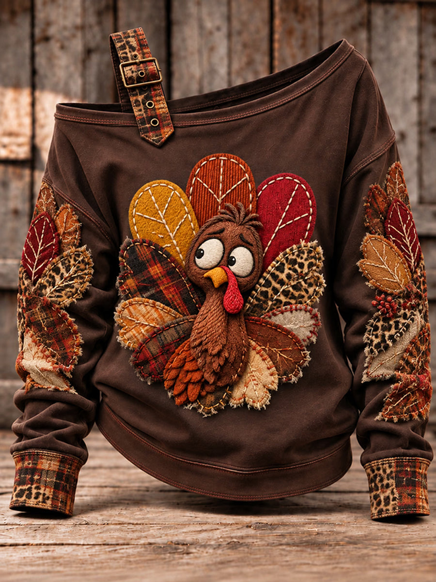 Women's Cute Thanksgiving Turkey Face Art  Casual Off-Shoulder Sweatshirt
