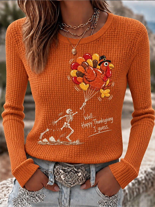 Women's Thanksgiving Parade Fun Print Casual Waffle T-shirt
