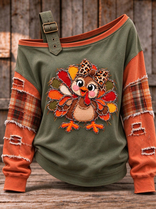 Women's Cute Thanksgiving Turkey Face Art  Casual Off-Shoulder Sweatshirt