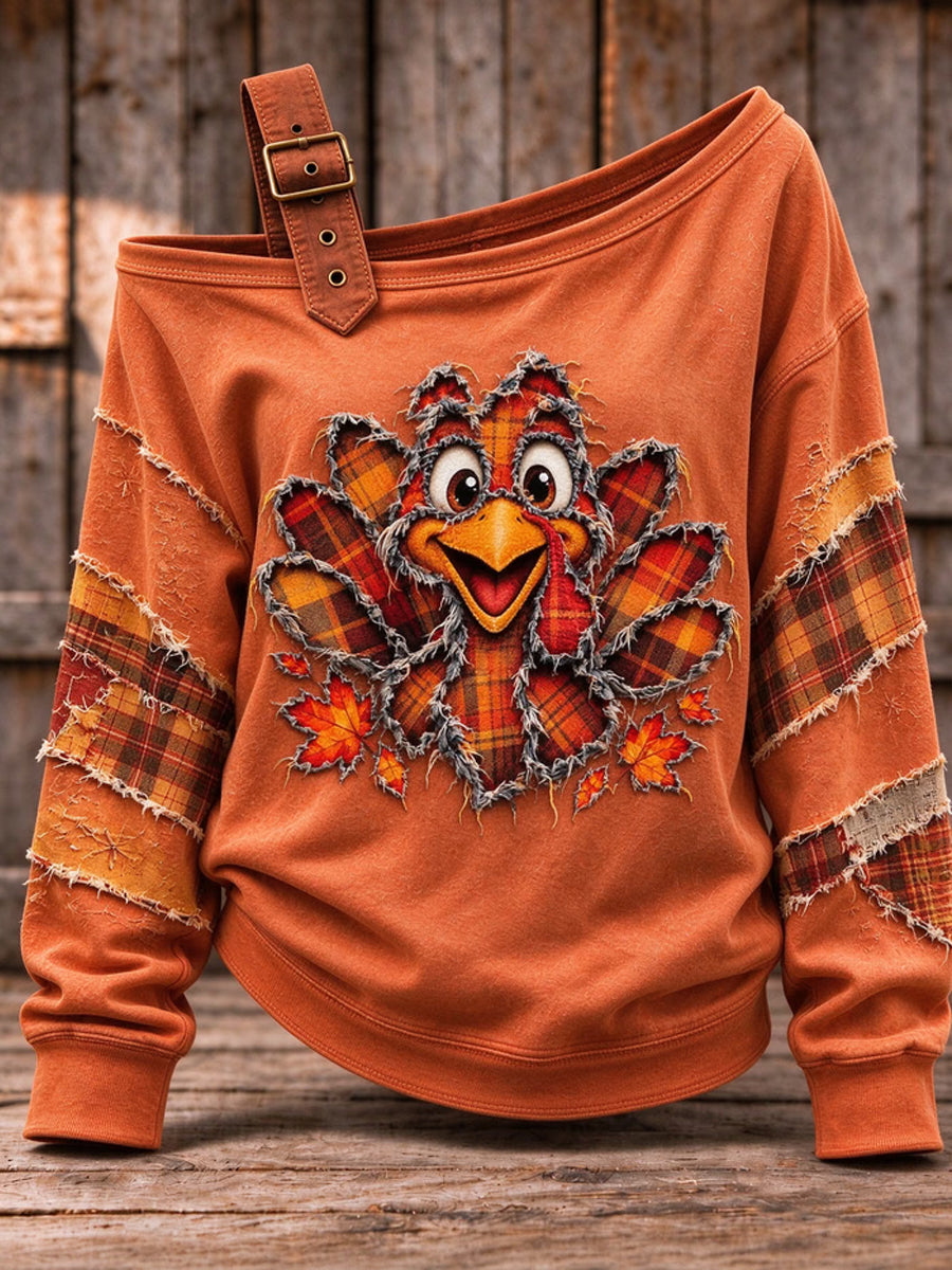 Women's Cute Thanksgiving Turkey Art  Casual Off-Shoulder Sweatshirt
